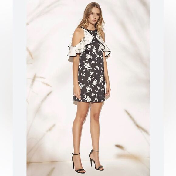 AMUR Jennifer Cold Shoulder Mini Dress in Black White Cherry Blossom Print 2 - Picture 2 of 15